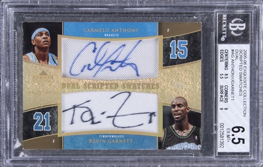 2005-06 UD "Exquisite Collection" Scripted Swatches Dual #AG Carmelo Anthony/Kevin Garnett Dual Signed Game Used Patch Card (#4/5) – BGS EX-MT+ 6.5/BGS 10